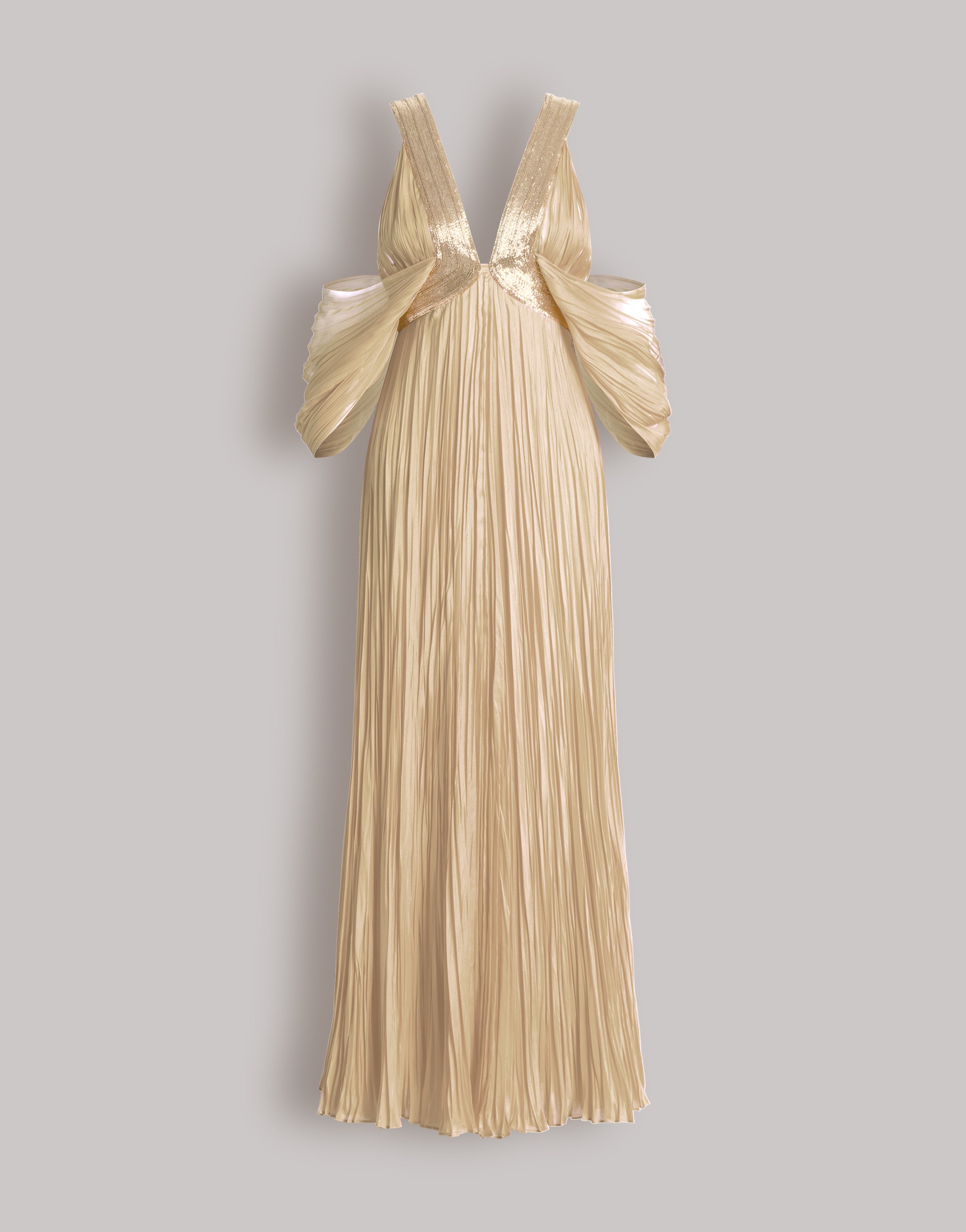 Long pleated silk gown with gold detailing | Alberta Ferretti