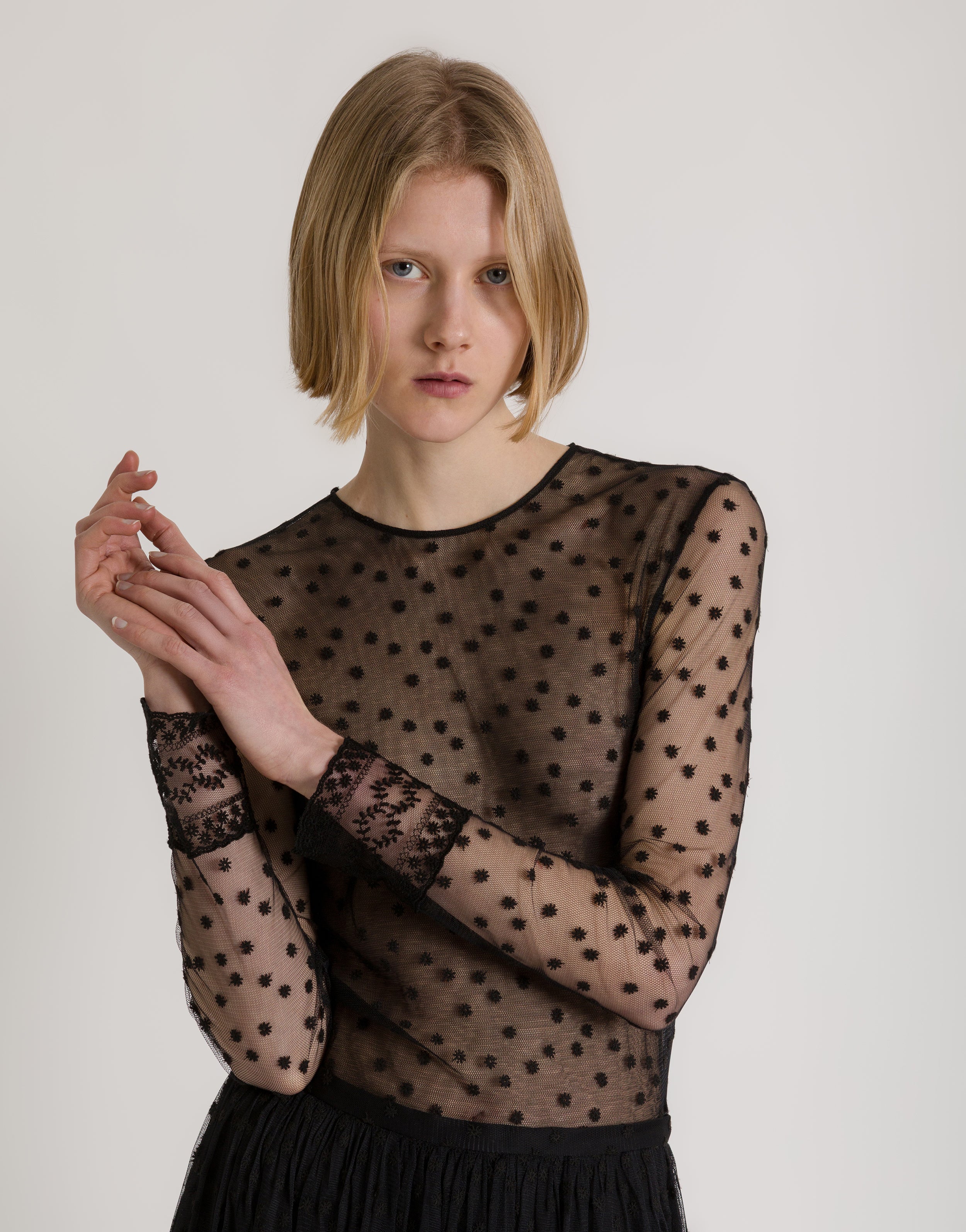 Dotted tulle top with lace-trimmed cuffs | Alberta Ferretti