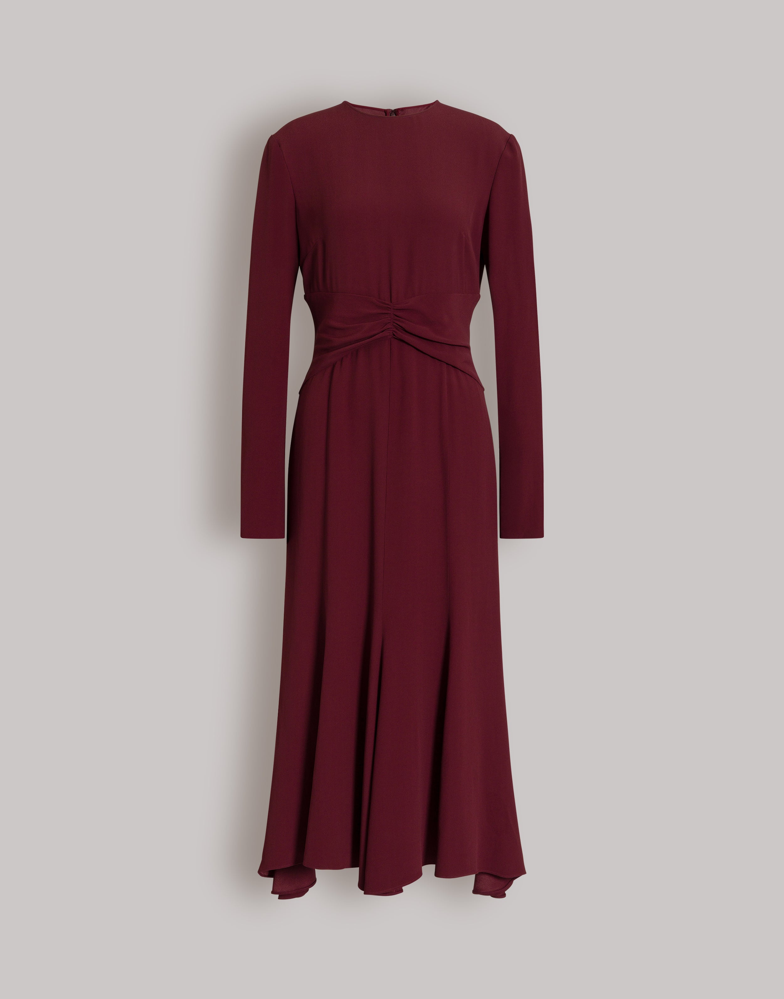 burgundy midi dress with long sleeves Long-sleeved midi dress with gathered waist