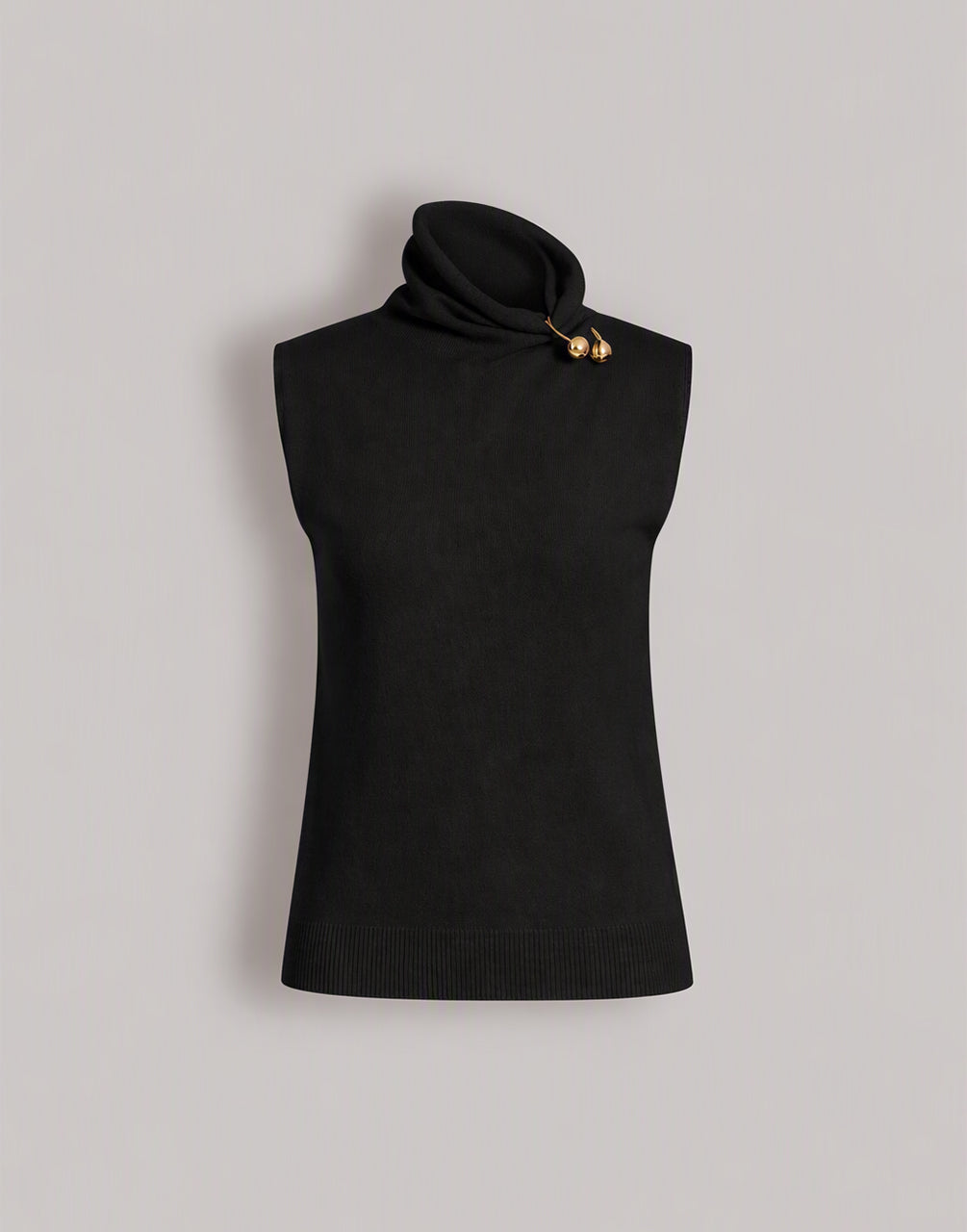 Wool, silk and cashmere sleeveless turtleneck with jewel brooch