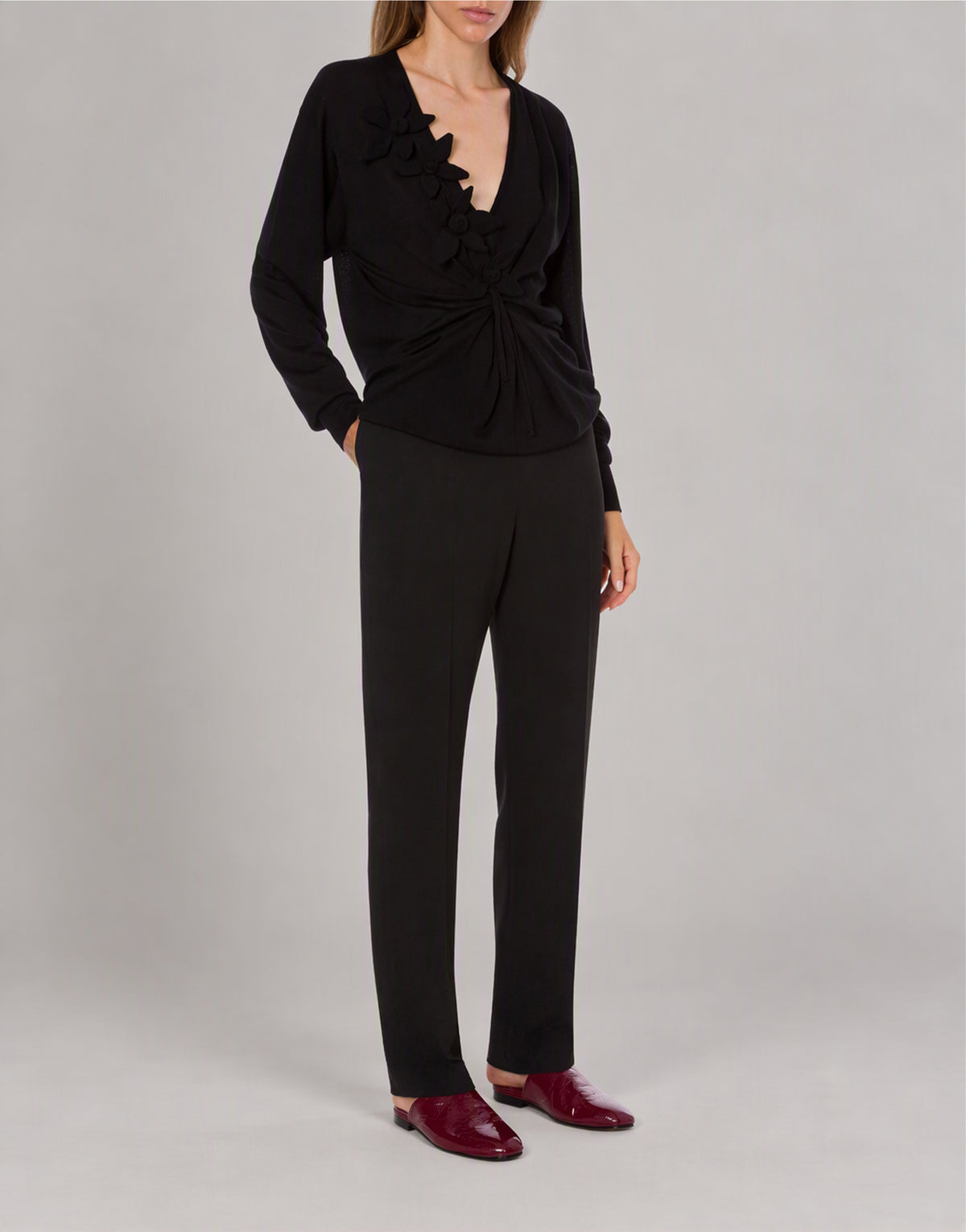Pull drapé à manches longues en cachemire mérinos Noir Alberta Ferretti Boutique Online 3