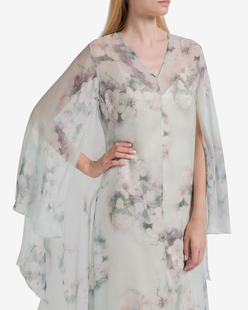 Long printed silk caftan with V-neck