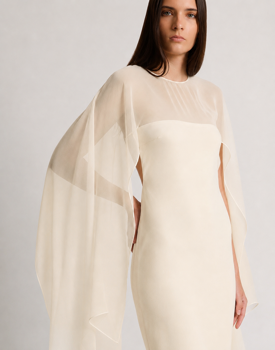 Abito lungo con maniche in chiffon Avorio Alberta Ferretti Boutique Online 4