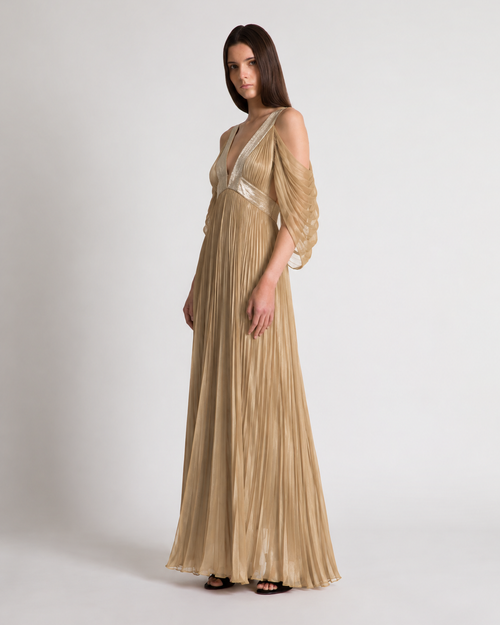 Long pleated silk gown with gold detailing Beige Alberta Ferretti Boutique Online 0