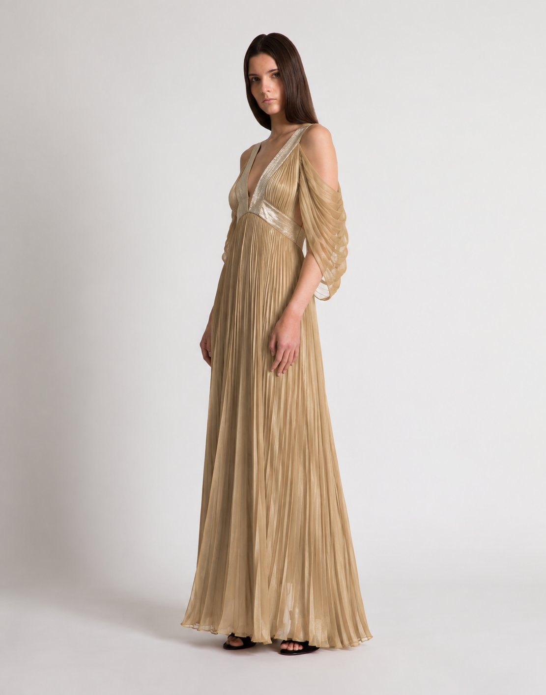 Long pleated silk gown with gold detailing Beige Alberta Ferretti Boutique Online 1