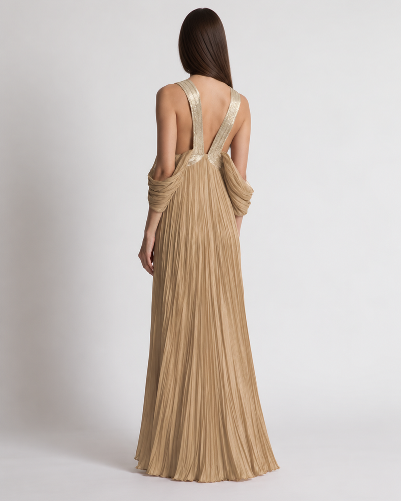 Abito lungo in seta plissé con dettaglio oro Beige Alberta Ferretti Boutique Online 1