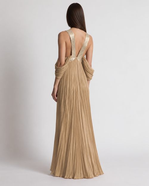 Long pleated silk gown with gold detailing Beige Alberta Ferretti Boutique Online 1