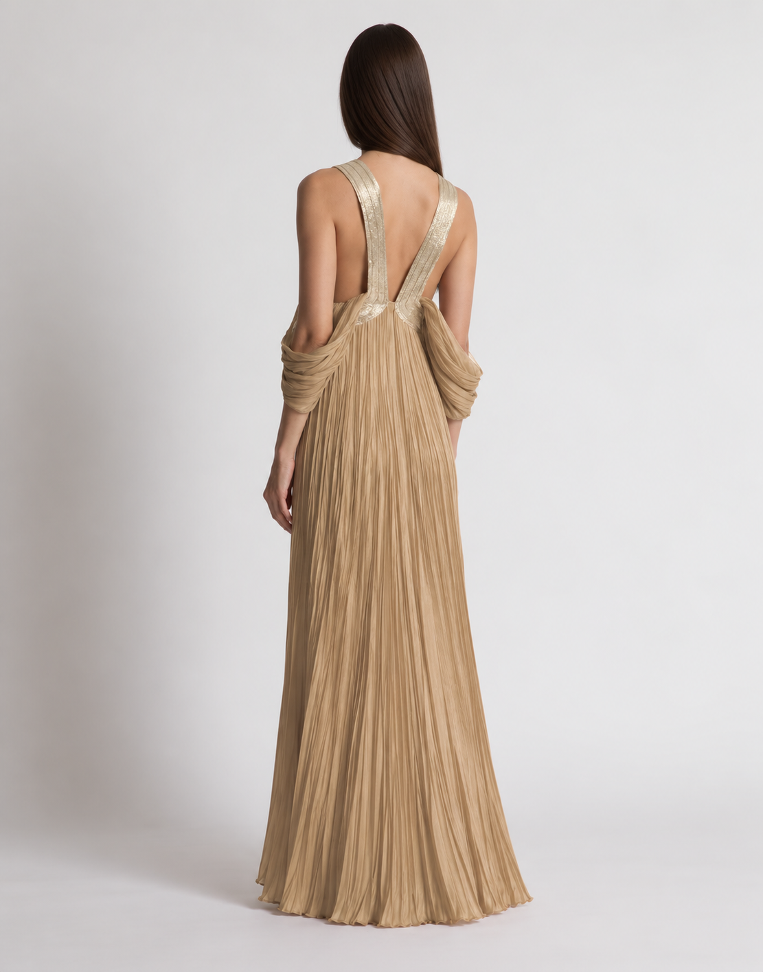 Long pleated silk gown with gold detailing Beige Alberta Ferretti Boutique Online 2