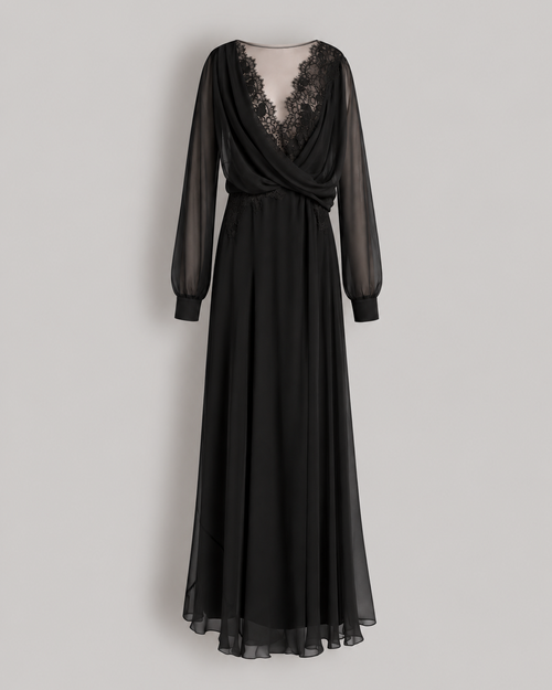 Silk chiffon long dress with lace inserts