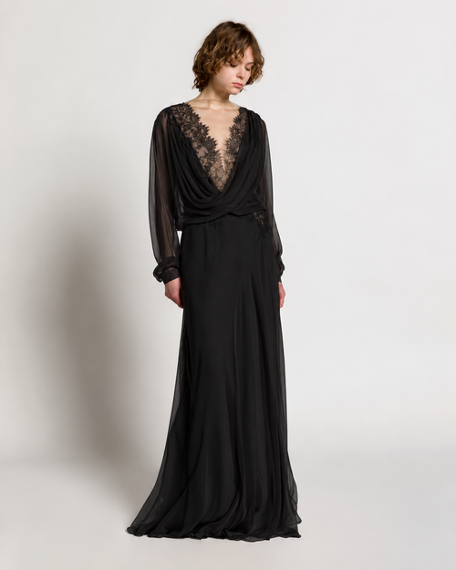 Silk chiffon long dress with lace inserts Black Alberta Ferretti Boutique Online 0