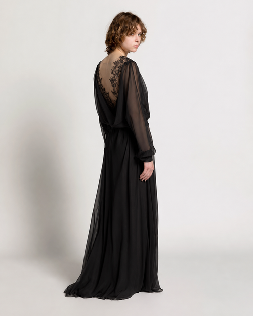Silk chiffon long dress with lace inserts