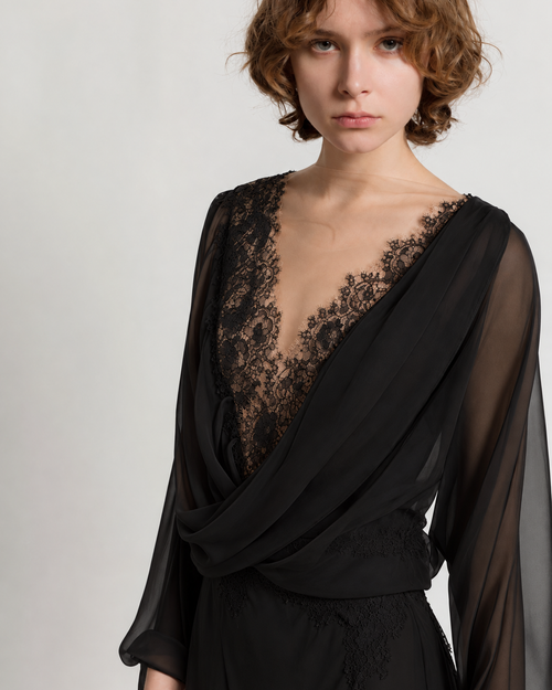 Silk chiffon long dress with lace inserts Black Alberta Ferretti Boutique Online 1