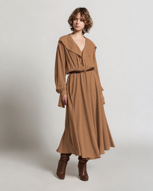 Enver satin long dress with ruffles Brown Alberta Ferretti Boutique Online 0