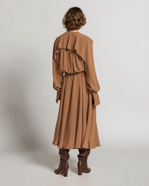 Enver satin long dress with ruffles Brown Alberta Ferretti Boutique Online 1