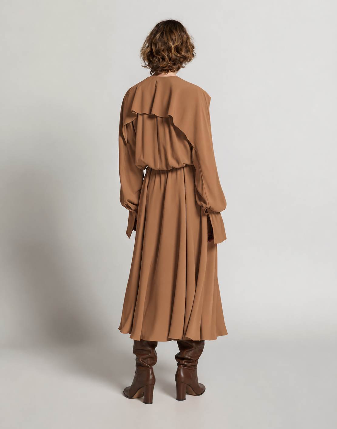 Enver satin long dress with ruffles Brown Alberta Ferretti Boutique Online 2