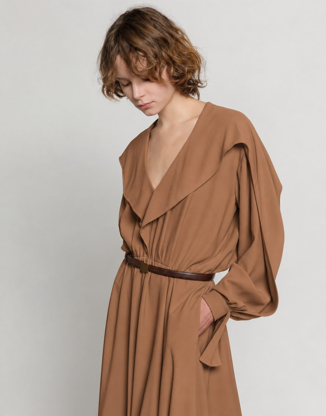 Enver satin long dress with ruffles Brown Alberta Ferretti Boutique Online 3