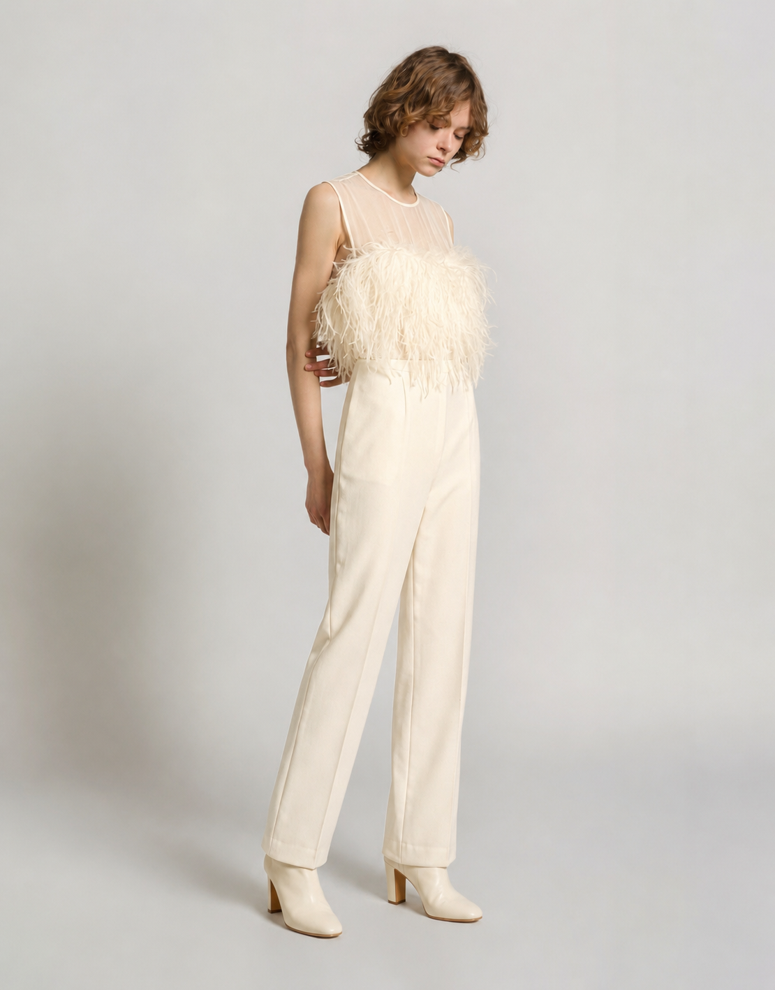 Enver satin top with feathers White Alberta Ferretti Boutique Online 2