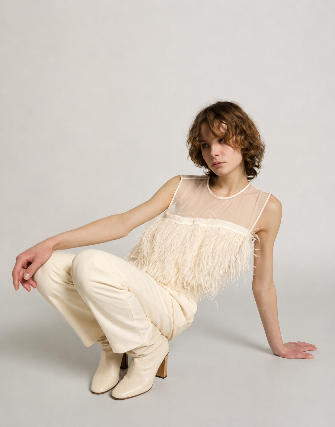 Enver satin top with feathers White Alberta Ferretti Boutique Online 4