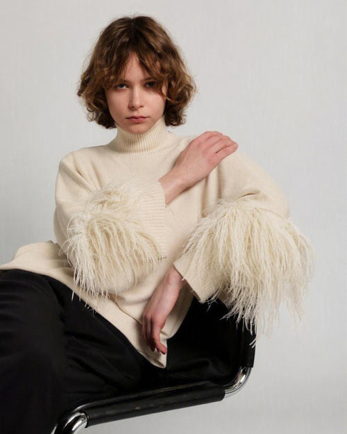 Extrafine merino wool sweater with feathered cuffs
