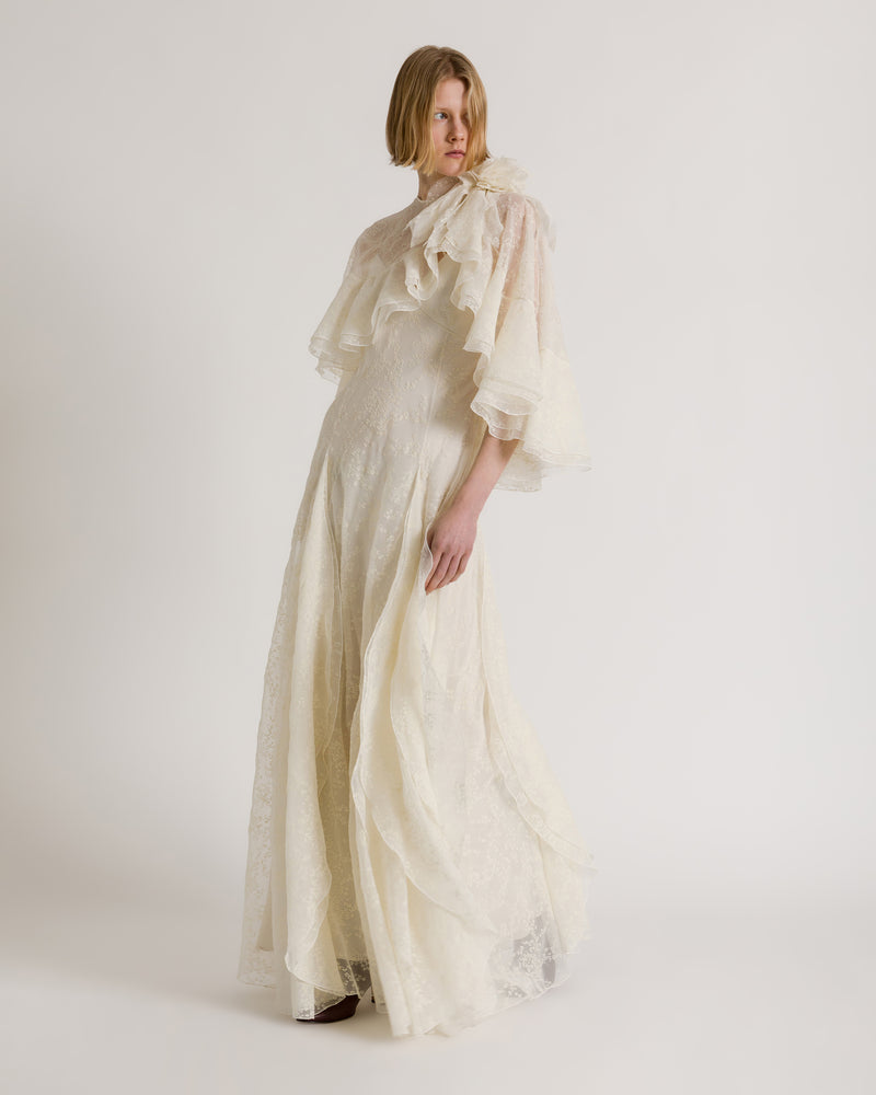 Abito lungo in chiffon di seta organzato a fiori con cappa removibile Bianco Alberta Ferretti Boutique Online 0
