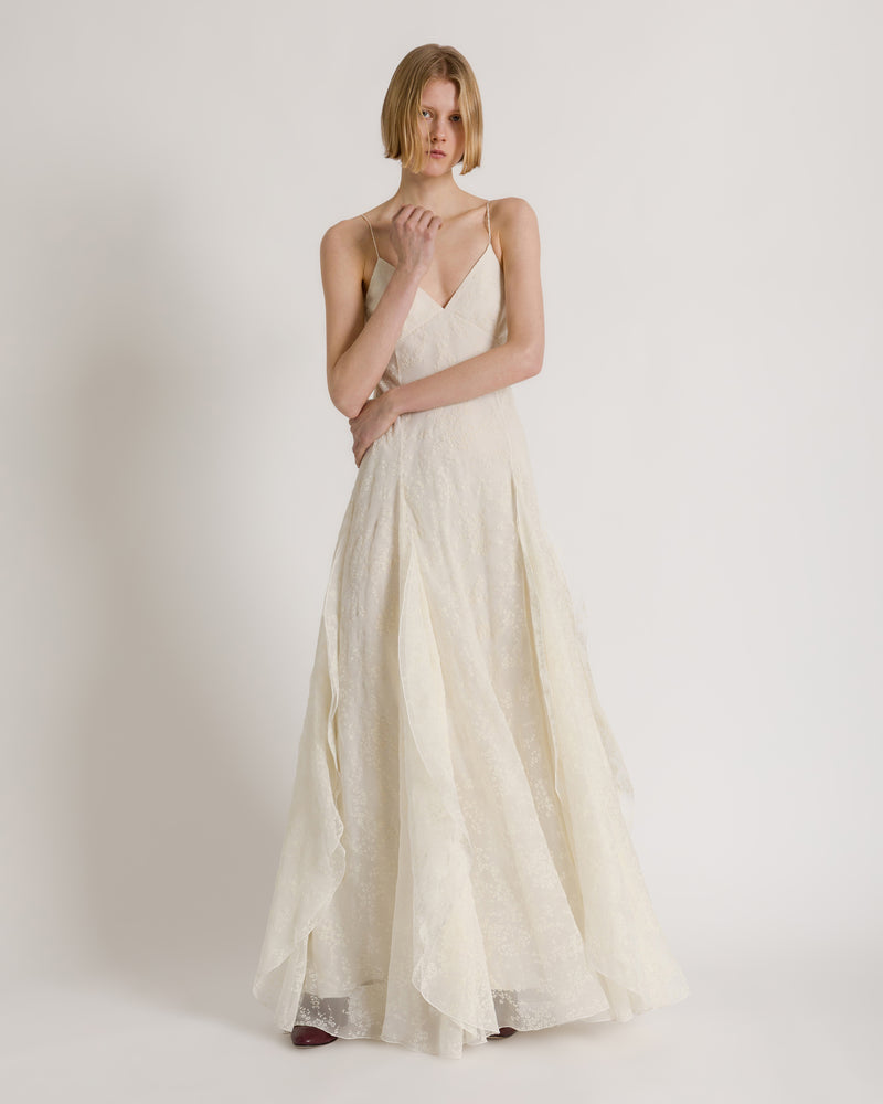 Abito lungo in chiffon di seta organzato a fiori con cappa removibile Bianco Alberta Ferretti Boutique Online 1