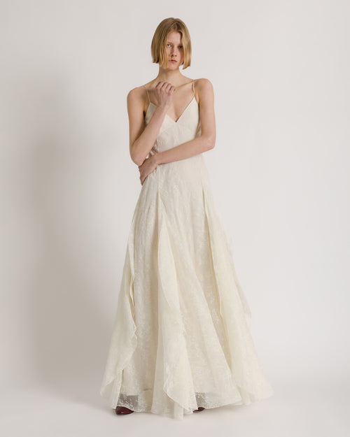 Abito lungo in chiffon di seta organzato a fiori con cappa removibile Bianco Alberta Ferretti Boutique Online 1