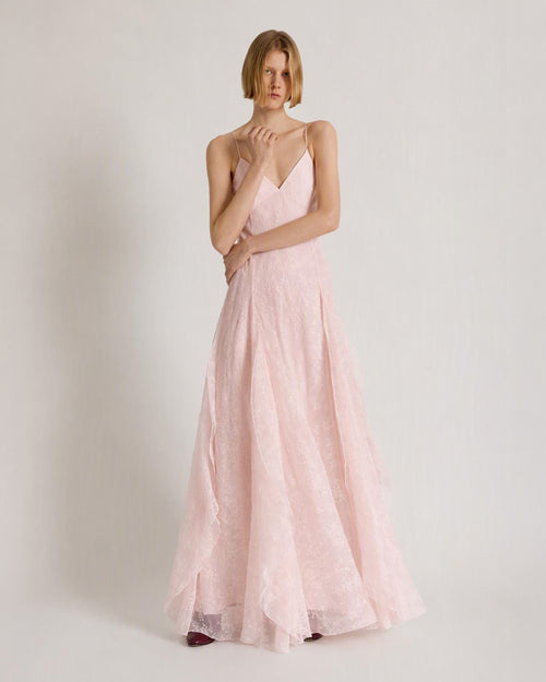 Floral organza silk chiffon long dress with removable cape 粉红色 Alberta Ferretti Boutique Online 1