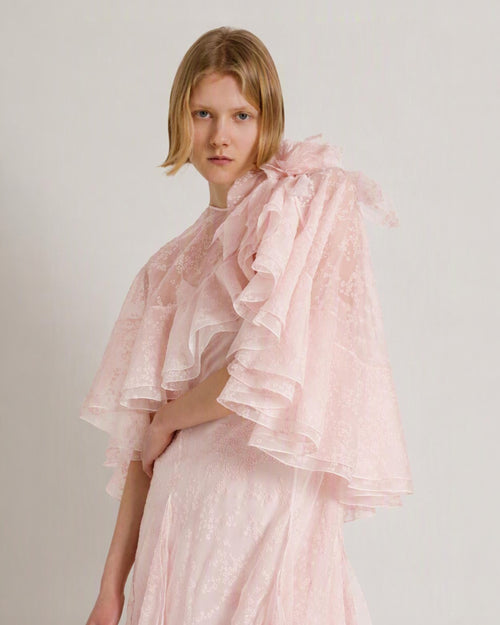 Floral organza silk chiffon long dress with removable cape