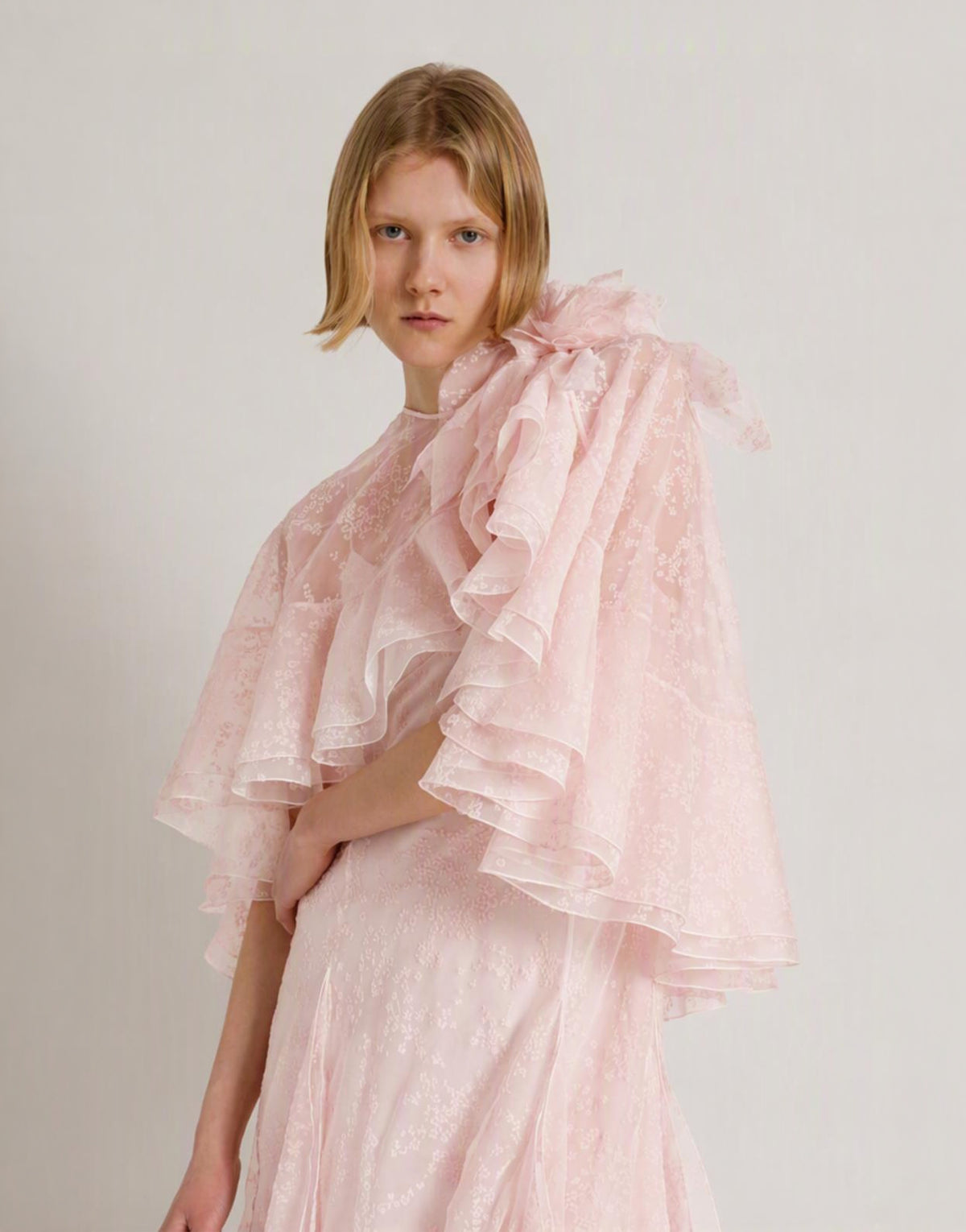 Langes Kleid aus floralem Organza-Seidenchiffon mit abnehmbarem Cape Pink Alberta Ferretti Boutique Online 3