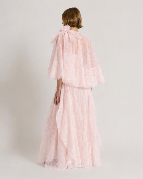 Floral organza silk chiffon long dress with removable cape