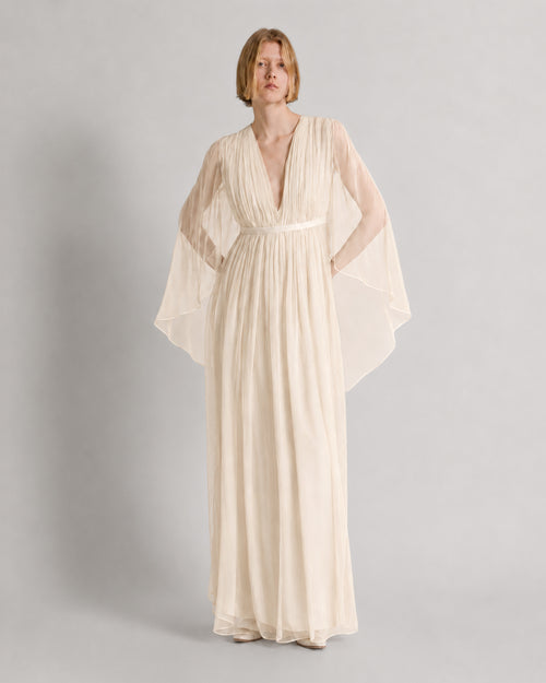 Long chiffon dress with V-neckline and cape 象牙 Alberta Ferretti Boutique Online 1