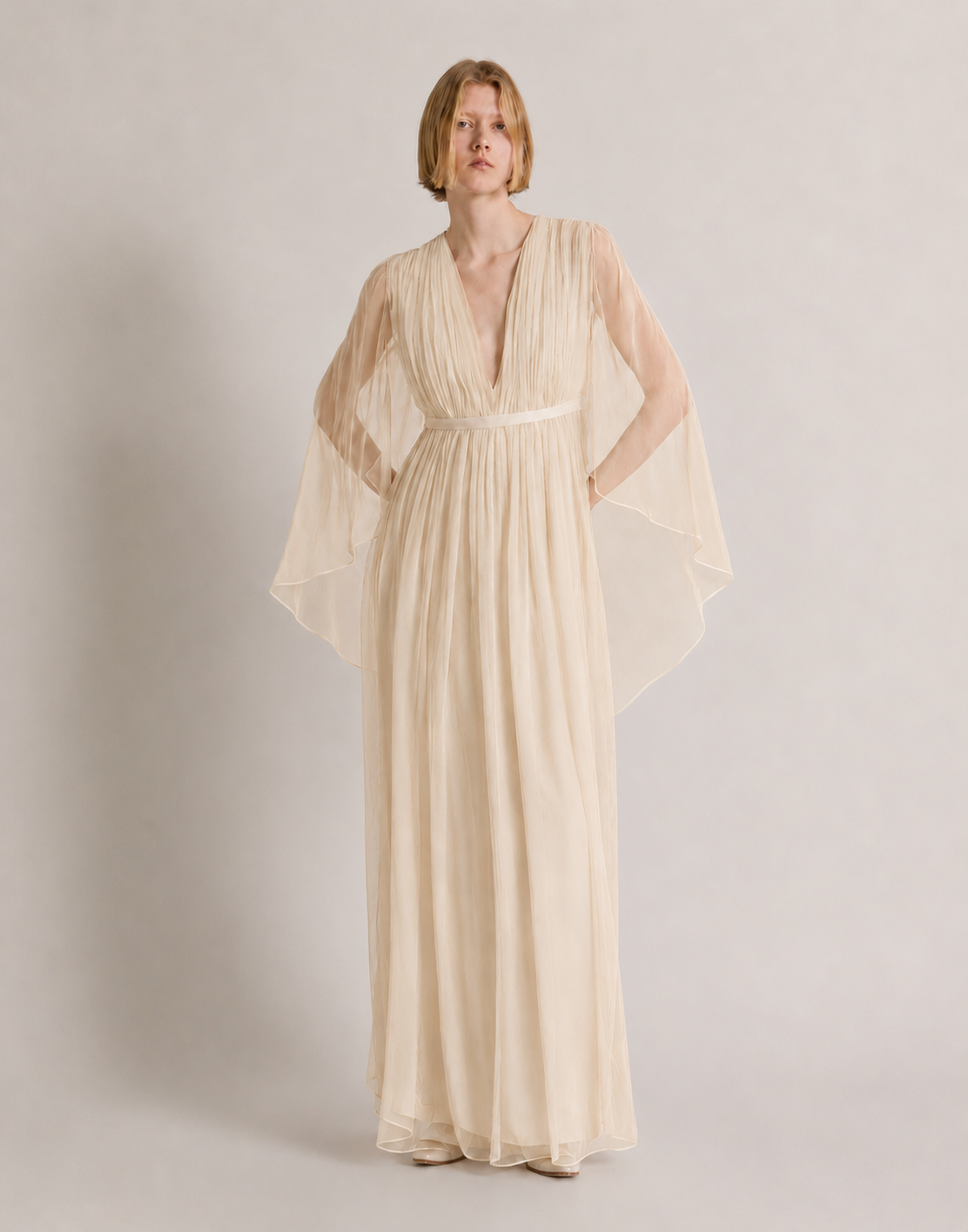 Long chiffon dress with V-neckline and cape Ivory Alberta Ferretti Boutique Online 2