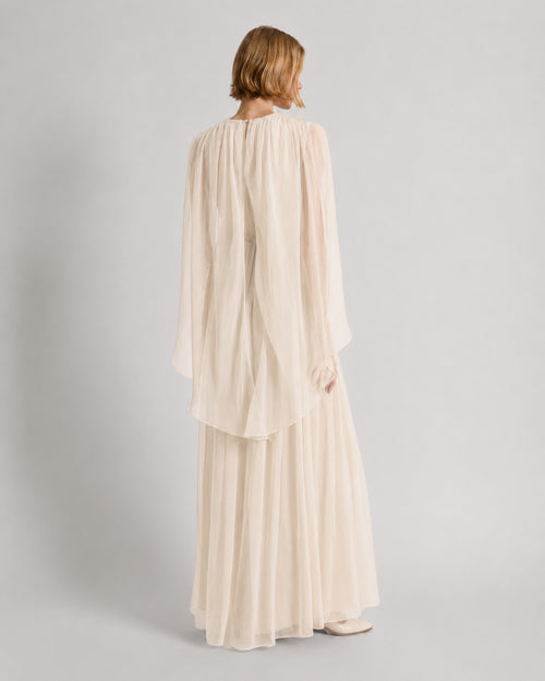 Long chiffon dress with V-neckline and cape