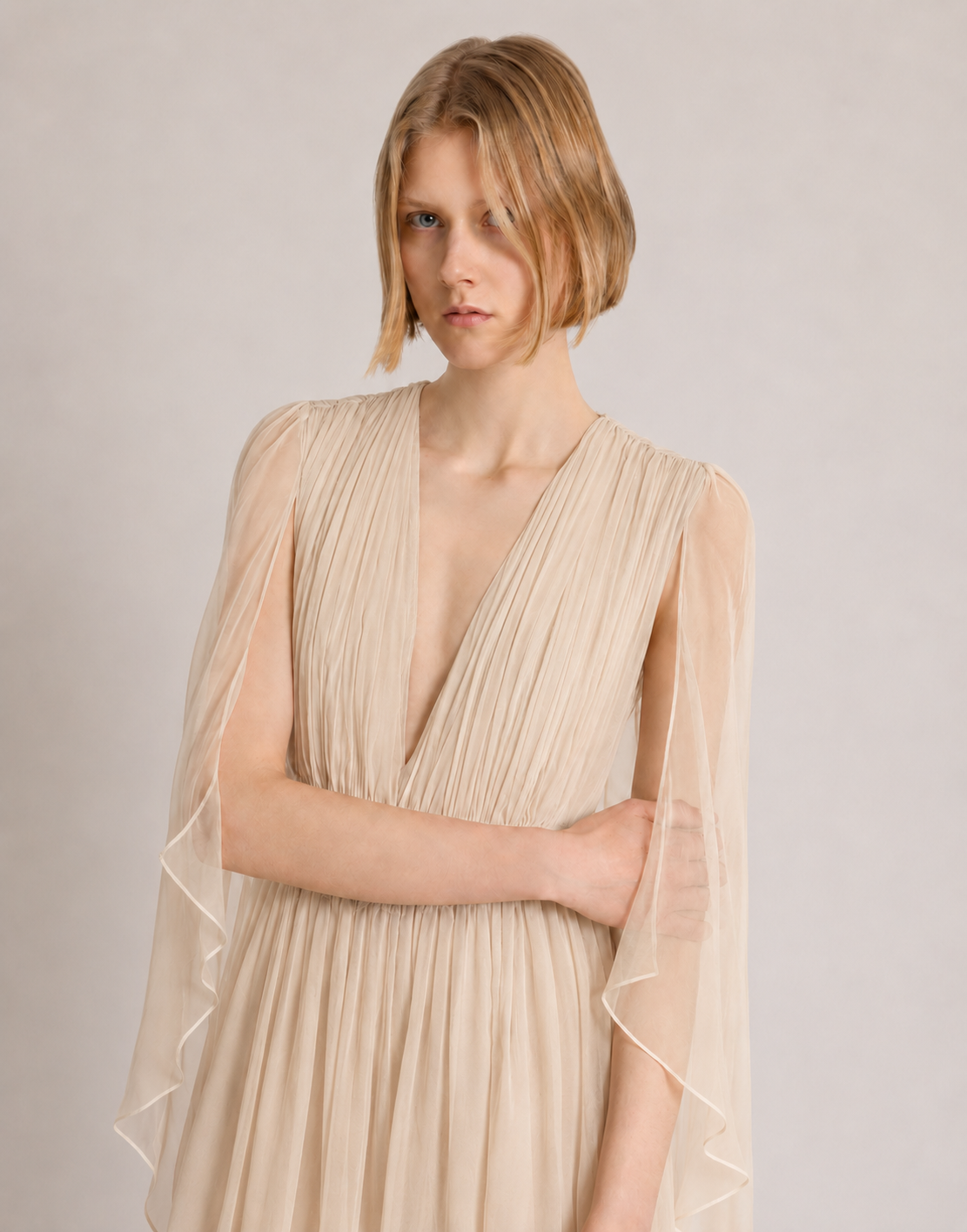 Long chiffon dress with V-neckline and cape Ivory Alberta Ferretti Boutique Online 4