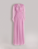 Long chiffon dress with V-neckline and cape