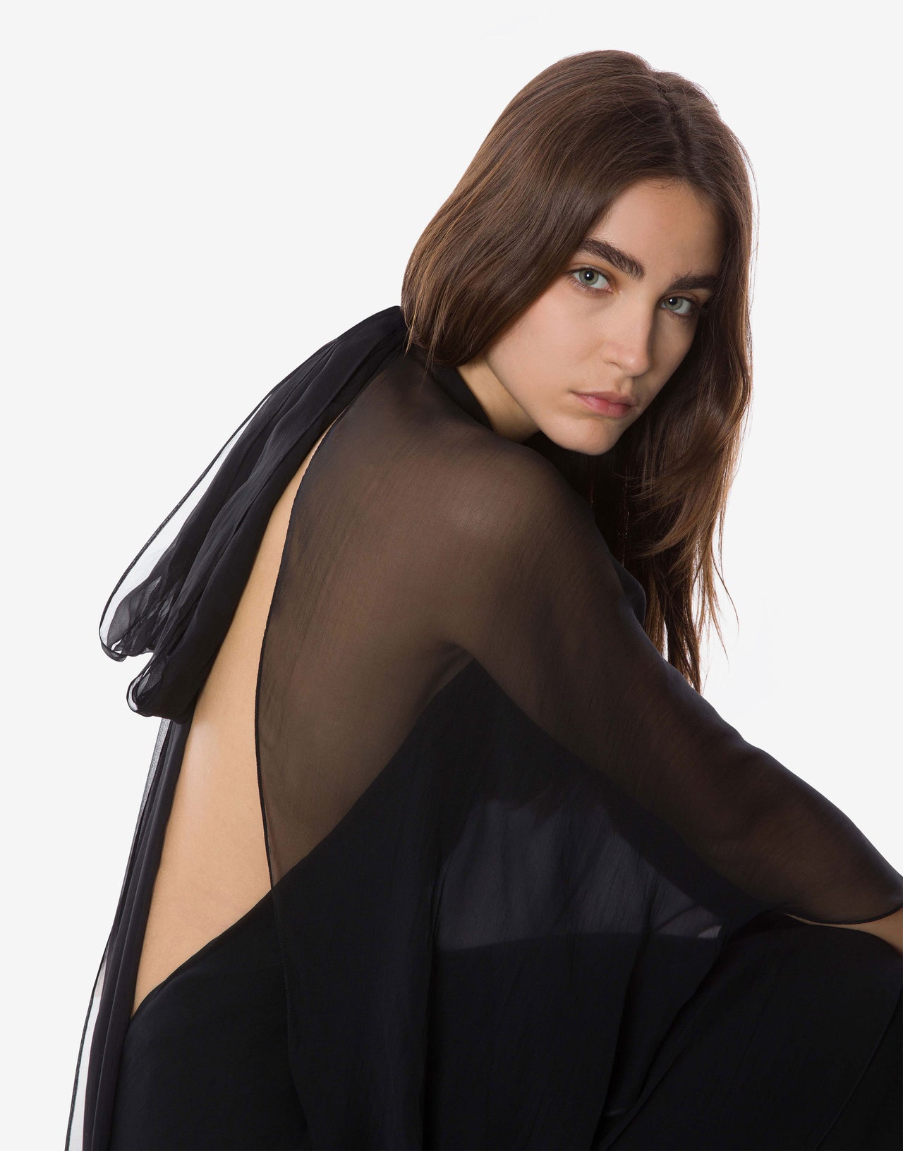 Robe de soirée avec manches en mousseline de soie Noir Alberta Ferretti Boutique Online 3