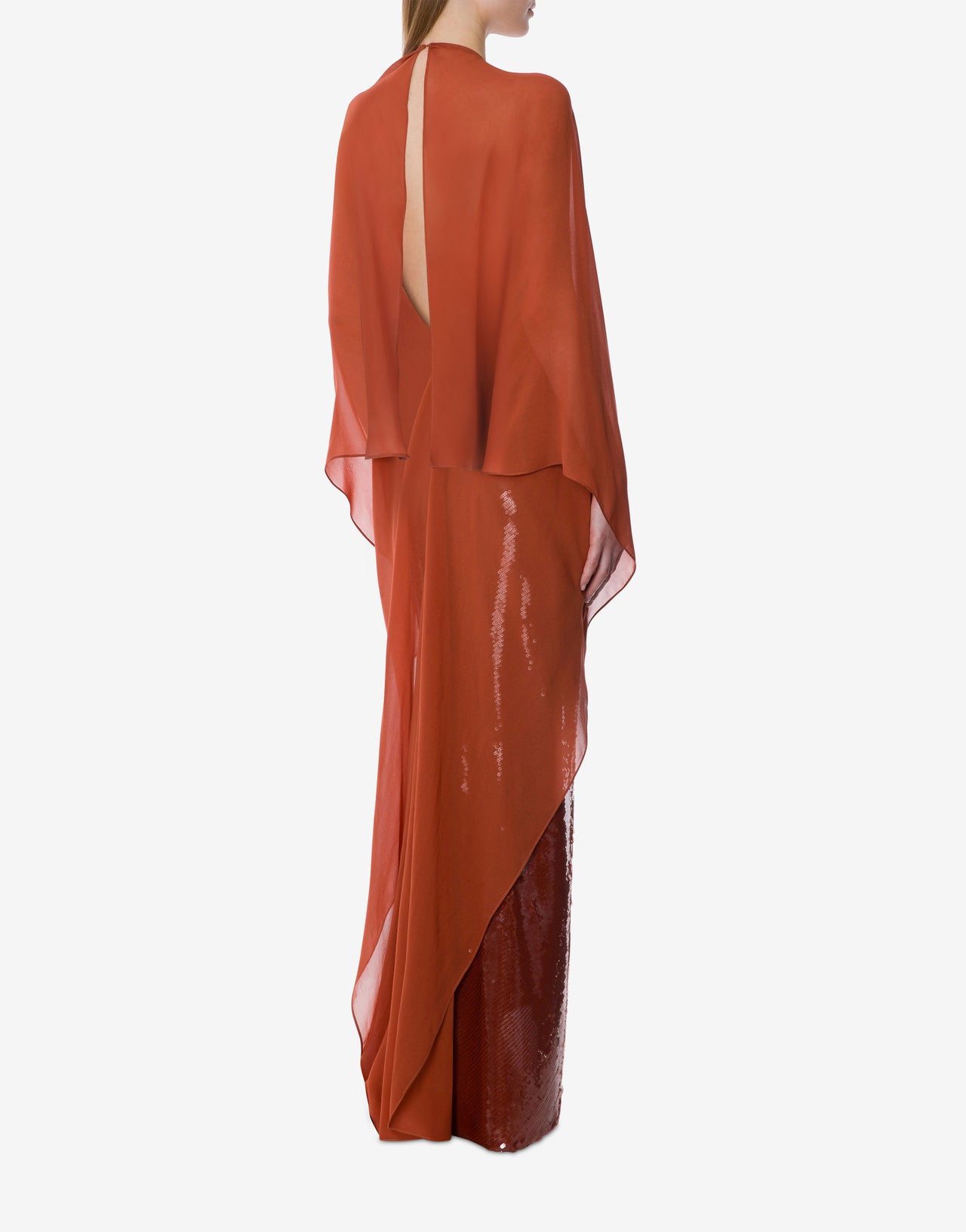 Vestido de noche de lentejuelas y gasa de manga larga Marrón Alberta Ferretti Boutique Online 3