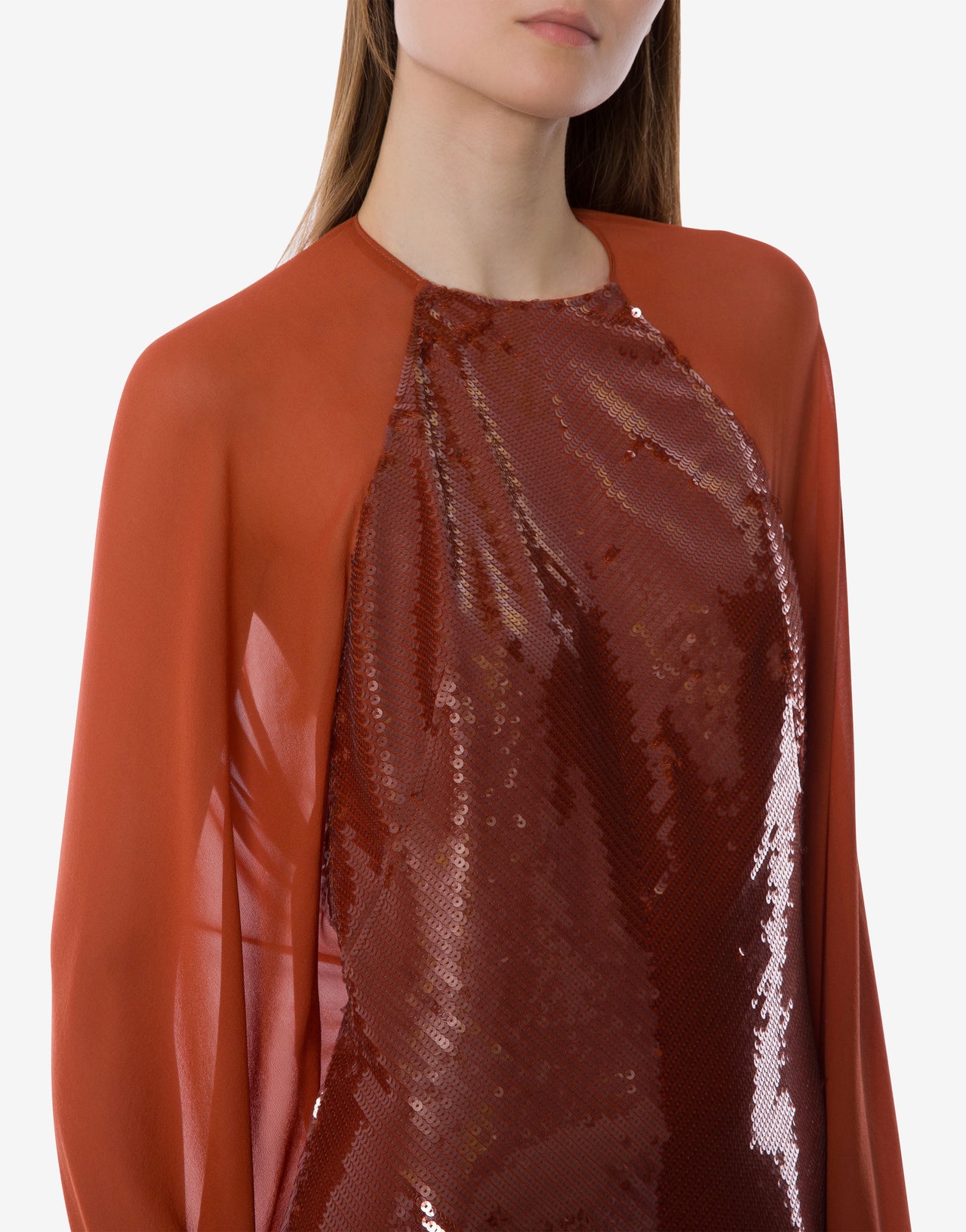 Vestido de noche de lentejuelas y gasa de manga larga Marrón Alberta Ferretti Boutique Online 4