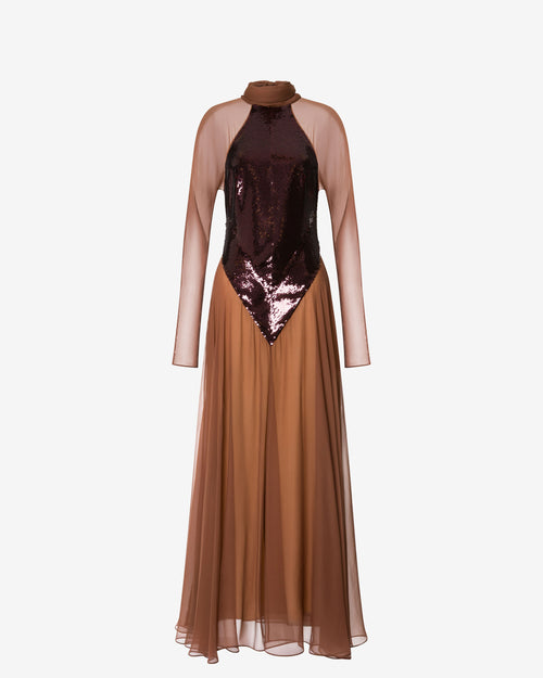 Vestido de noche de lentejuelas y gasa con cuello halter Marrón Alberta Ferretti Boutique Online 0