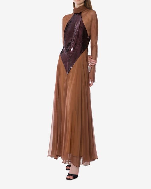 Vestido de noche de lentejuelas y gasa con cuello halter Marrón Alberta Ferretti Boutique Online 1