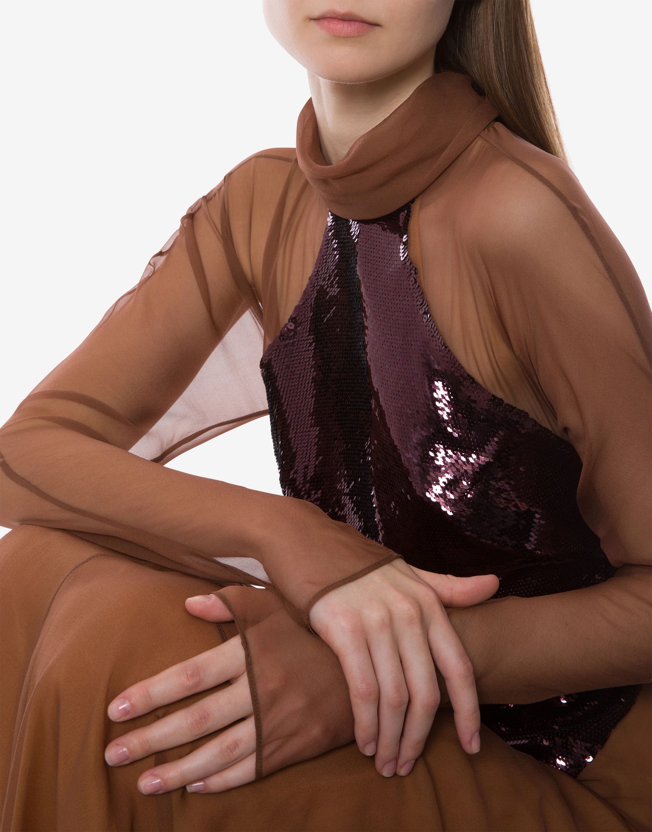 Abito da sera  in paillettes e chiffon Marrone Alberta Ferretti Boutique Online 4