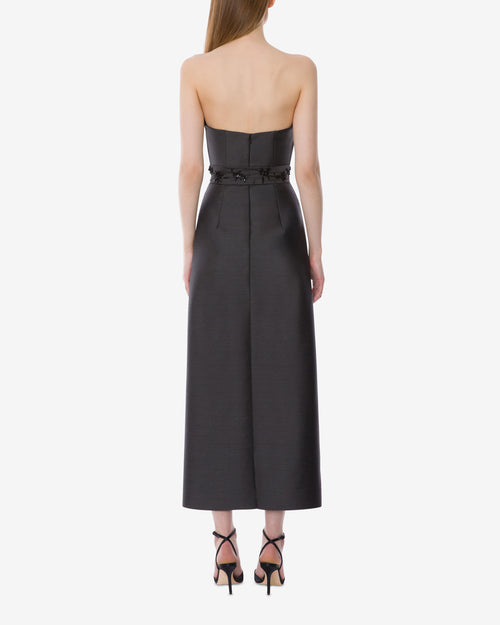 Embroidered wool silk bustier dress