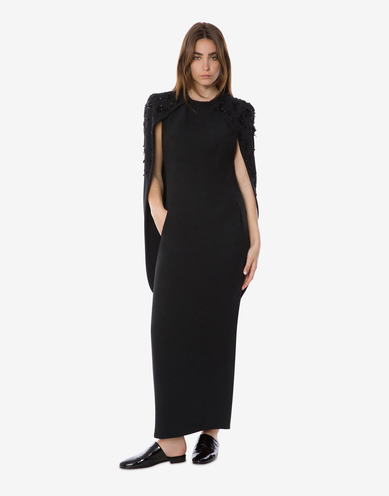 Robe cape en cady extensible brodée Noir Alberta Ferretti Boutique Online 1