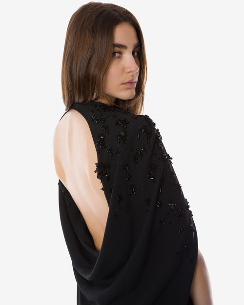 Embroidered stretch cady cape dress