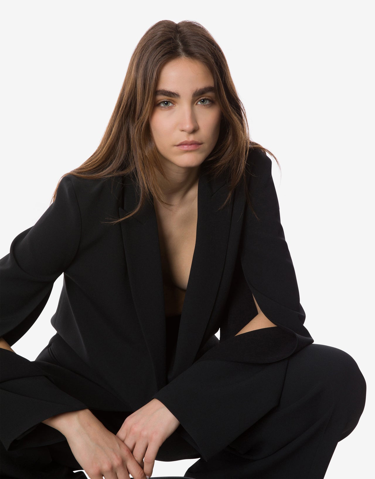 Oversized jacket in stretch cady with open sleeves and deep neckline Black Alberta Ferretti Boutique Online 1