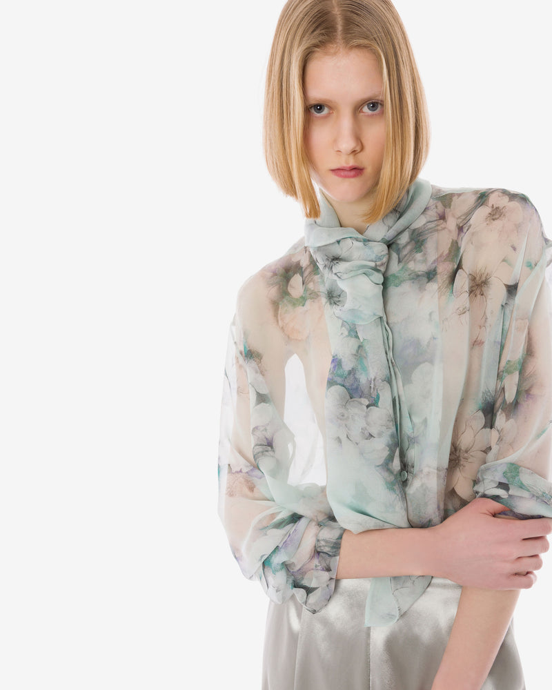 Floral printed chiffon shirt with knot tie Light blue Alberta Ferretti Boutique Online 0