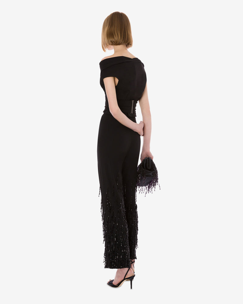 Trousers in stretch wool with beaded fringes Black Alberta Ferretti Boutique Online 1