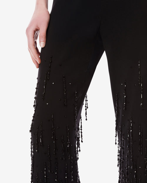 Trousers in stretch wool with beaded fringes
