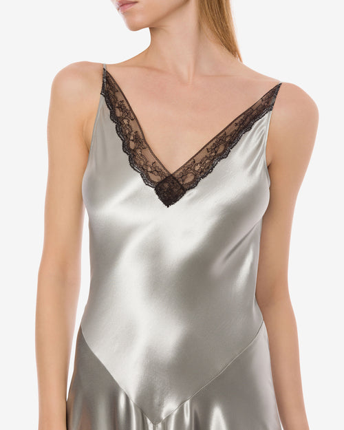 Long satin dress with black lace inserts