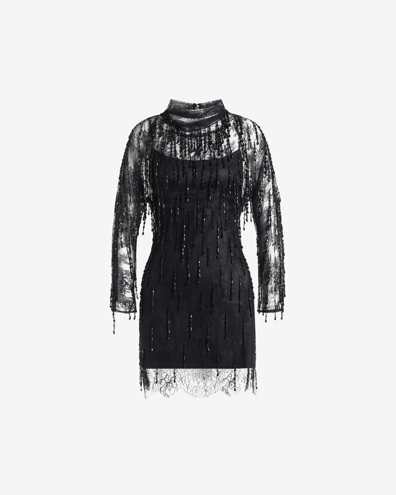 Lace minidress with beaded fringes Black Alberta Ferretti Boutique Online 0